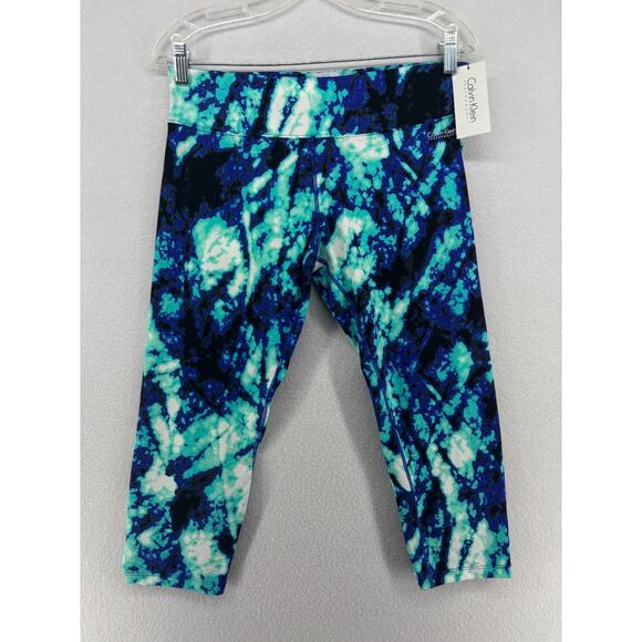 CALVIN KLEIN Leggings Womens L Performance Quick Dry Tie Dye Crop Gym Blue NEW - Picture 1 of 16